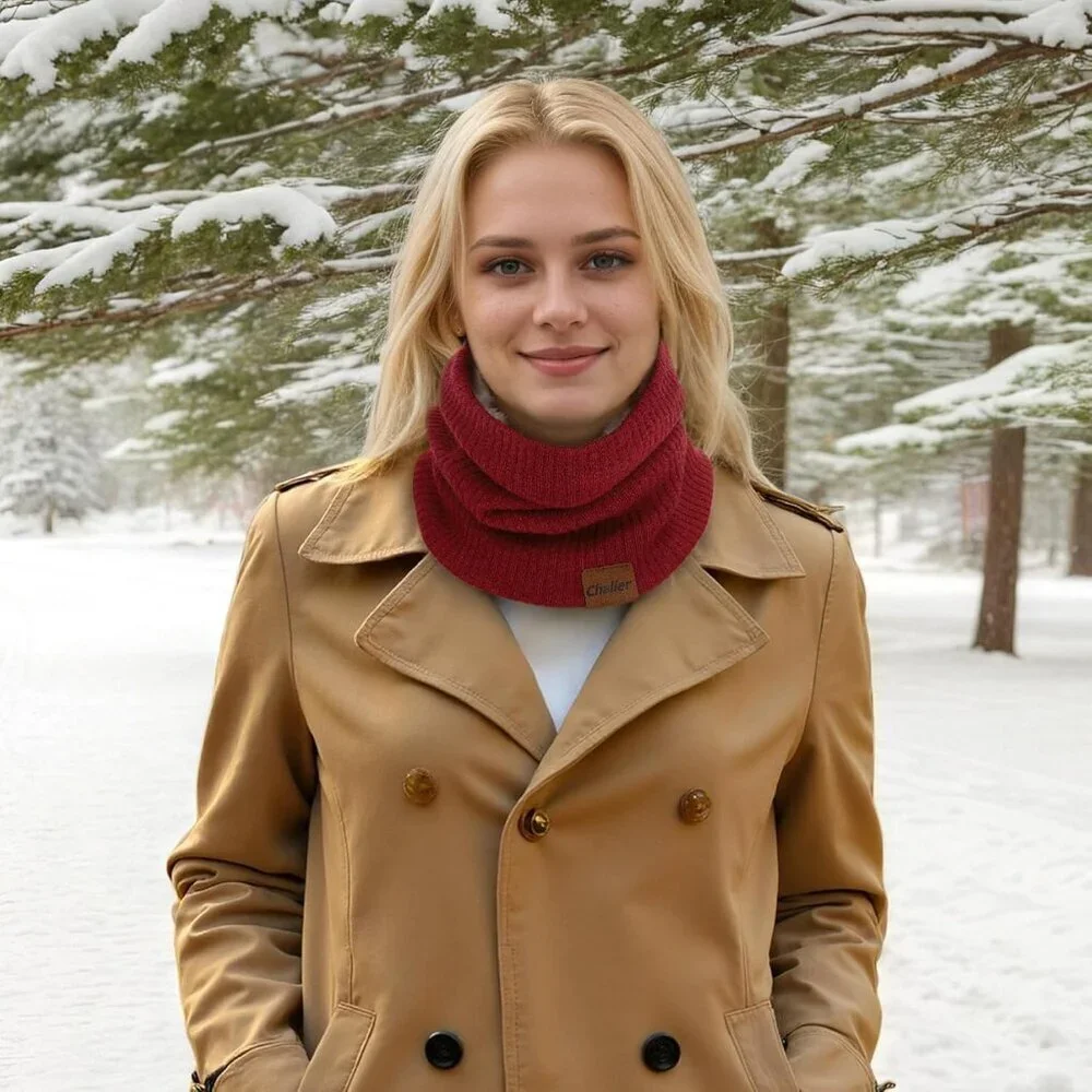 Women's Red Wine Scarf Winter Double-Layer Neck Warmer Knit Fleece Lined Circle